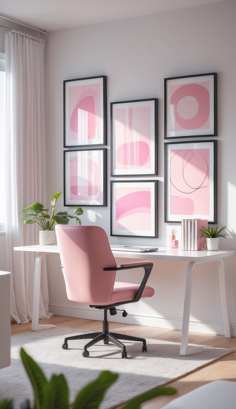A modern home office with a white desk, ergonomic chair, and a gallery wall displaying pink abstract art.