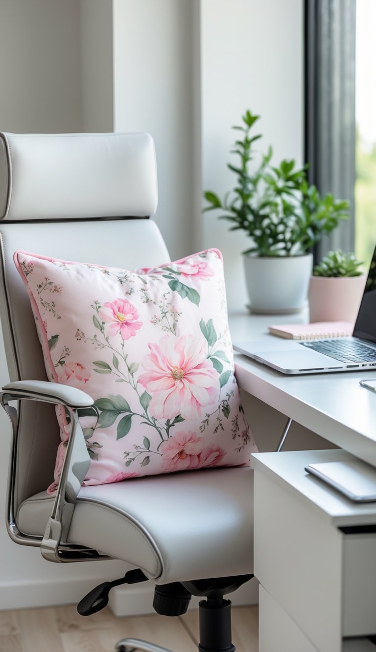 A modern home office with a pink floral cushion on an office chair in front of a white desk with a laptop and a small plant.