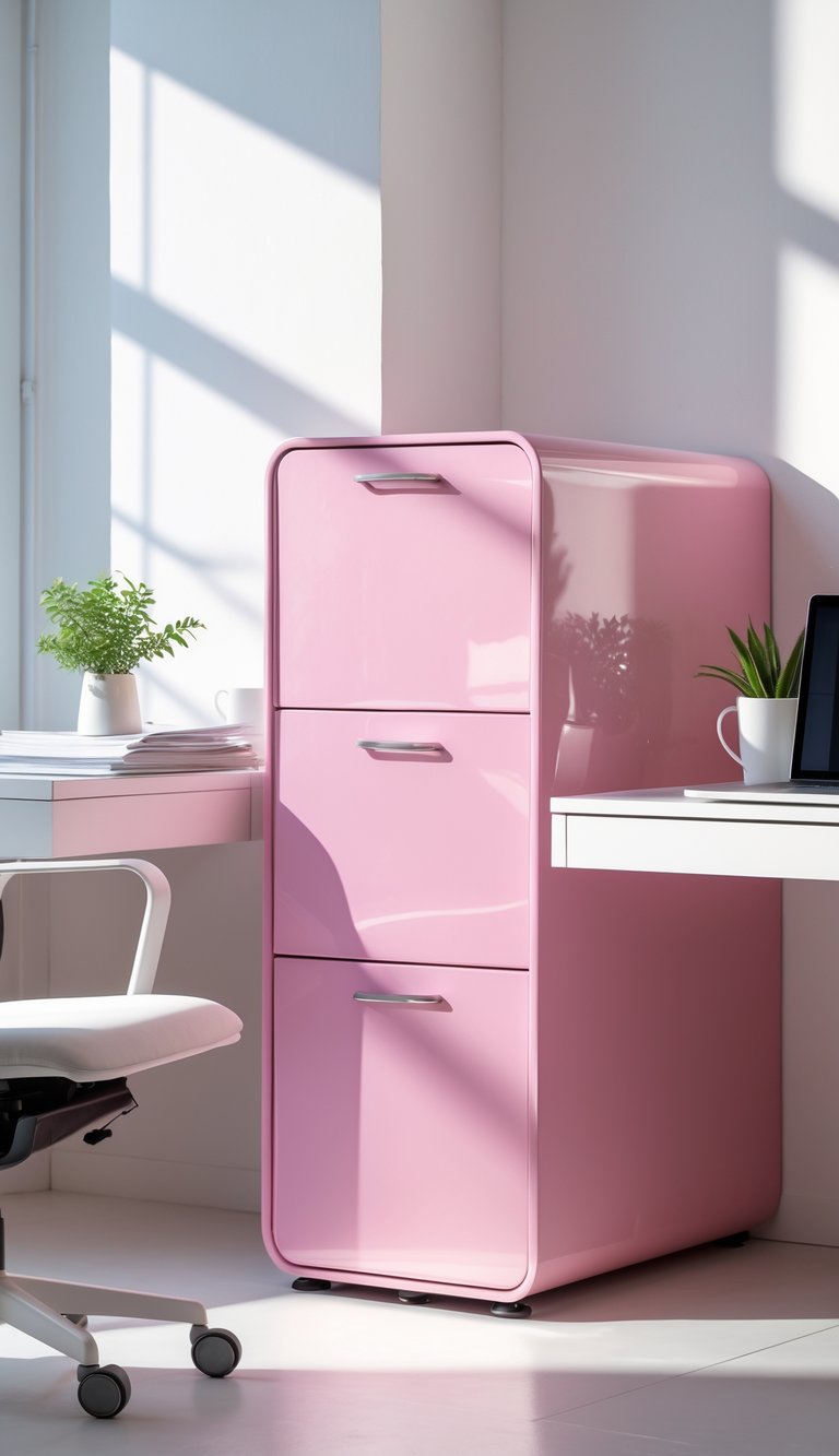 A home office with a glossy pink filing cabinet next to a white desk holding a laptop, plant, and mug, with natural light coming through a window.