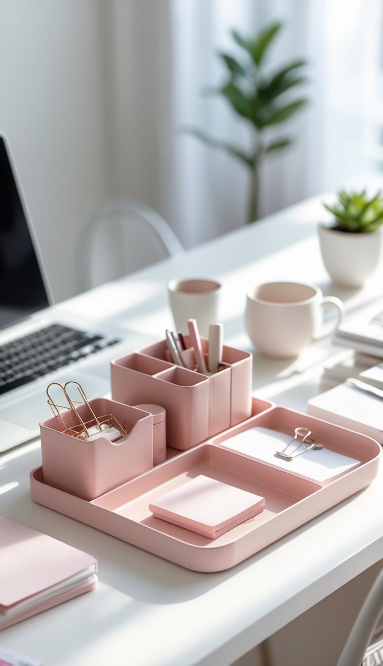 A blush pink desk organizer set on a white desk with office supplies, a laptop, a coffee mug, and a small plant in a bright home office.