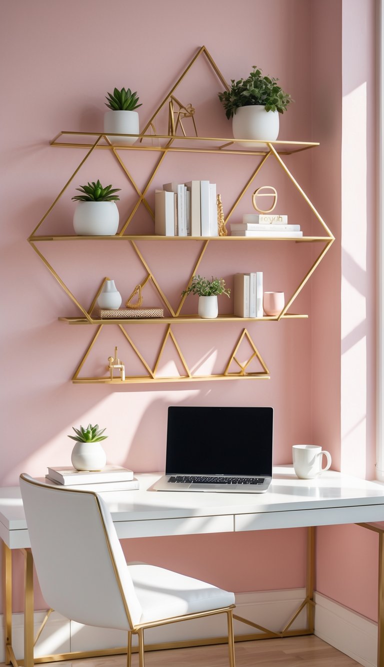 A home office with gold geometric wall shelves on a pink wall, a white desk with a laptop and mug, and a white office chair.