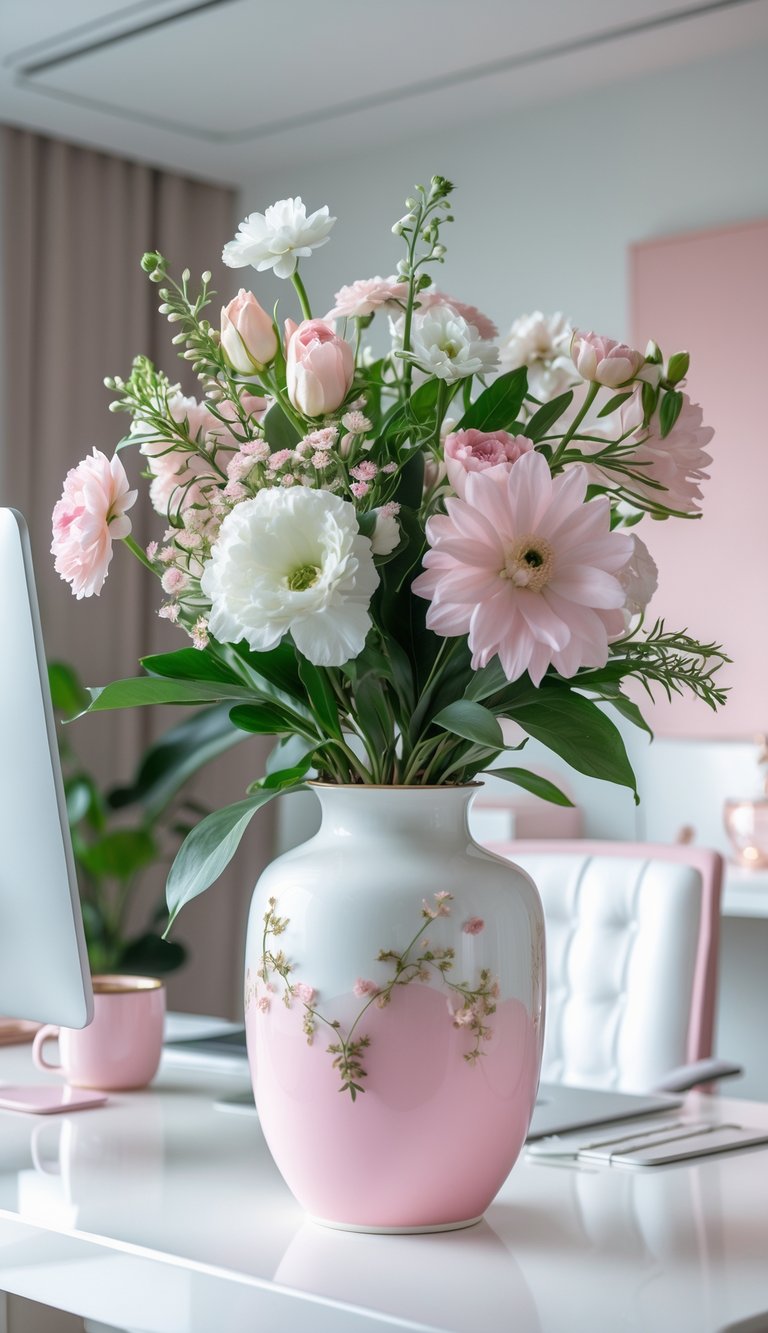A white and pink porcelain vase with fresh pink and white flowers on a home office desk.
