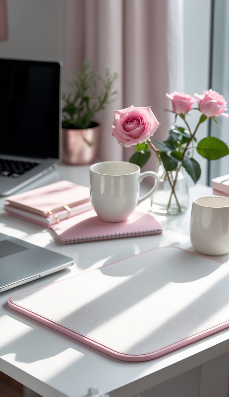 A white desk mat with pink edges on a white desk surrounded by a laptop, notebooks, a mug, a pink rose in a vase, and a small green plant.