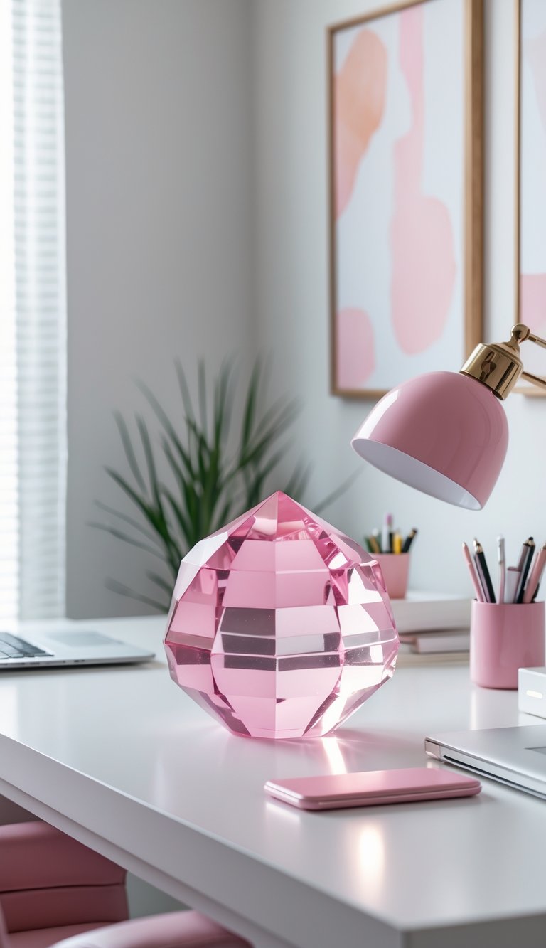 A bright home office with a white desk featuring a pink crystal paperweight, a laptop, a pink desk lamp, and organized stationery.