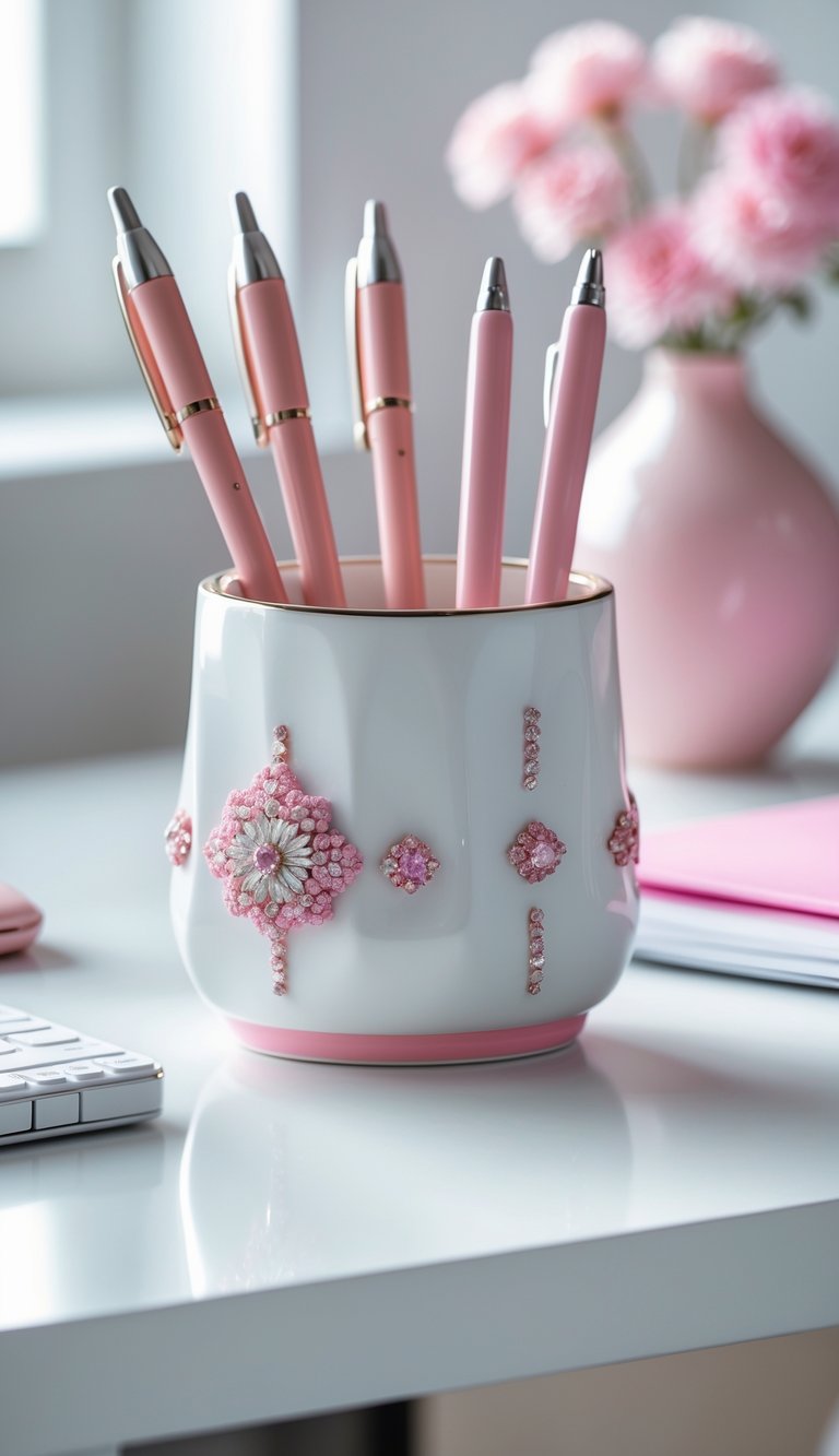 A white ceramic pen holder with pink accents on a clean desk, holding pens and pencils, surrounded by pink and white office accessories.