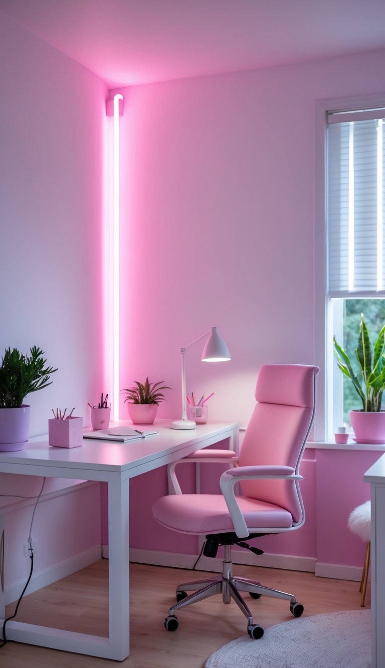 A pink and white home office with a white desk, pink chair, plants, and soft pink neon lighting creating a warm and inviting workspace.