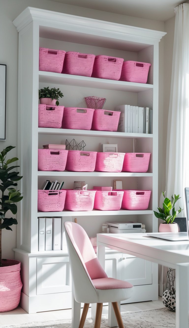 A modern white bookshelf with pink baskets in a bright home office with a white desk and office supplies.