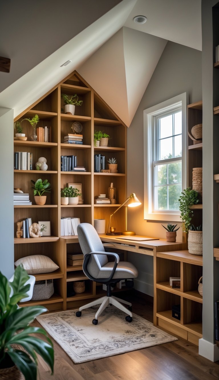 A small office nook under the stairs with built-in shelves, a desk, chair, books, plants, and warm lighting.