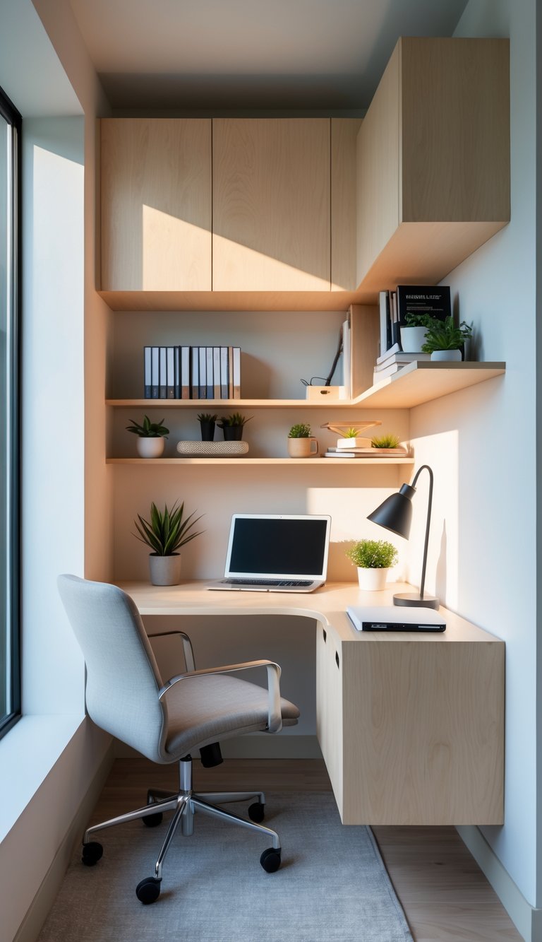 A home office nook with a floating desk and wall-mounted storage in a corner, featuring a chair, laptop, plants, and office supplies.