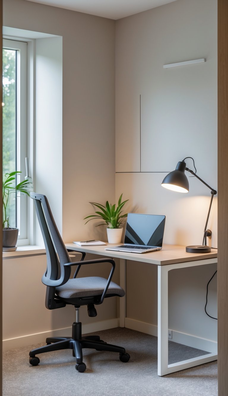 Compact L-shaped desk with an ergonomic chair in a small home office nook, featuring a laptop, plant, and desk lamp.