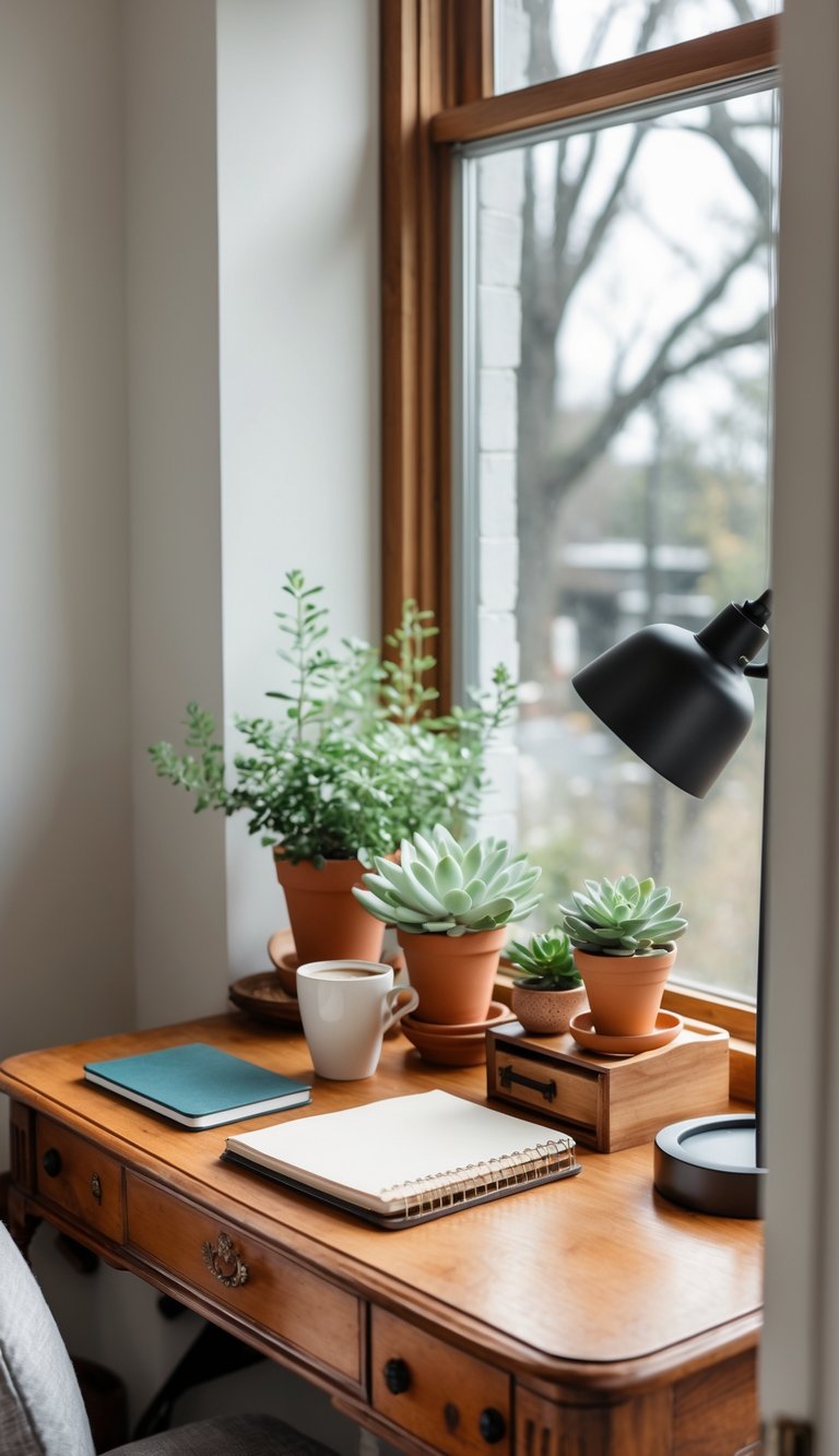 Small nook with a vintage wooden desk and various plants, arranged as a cozy home office space.