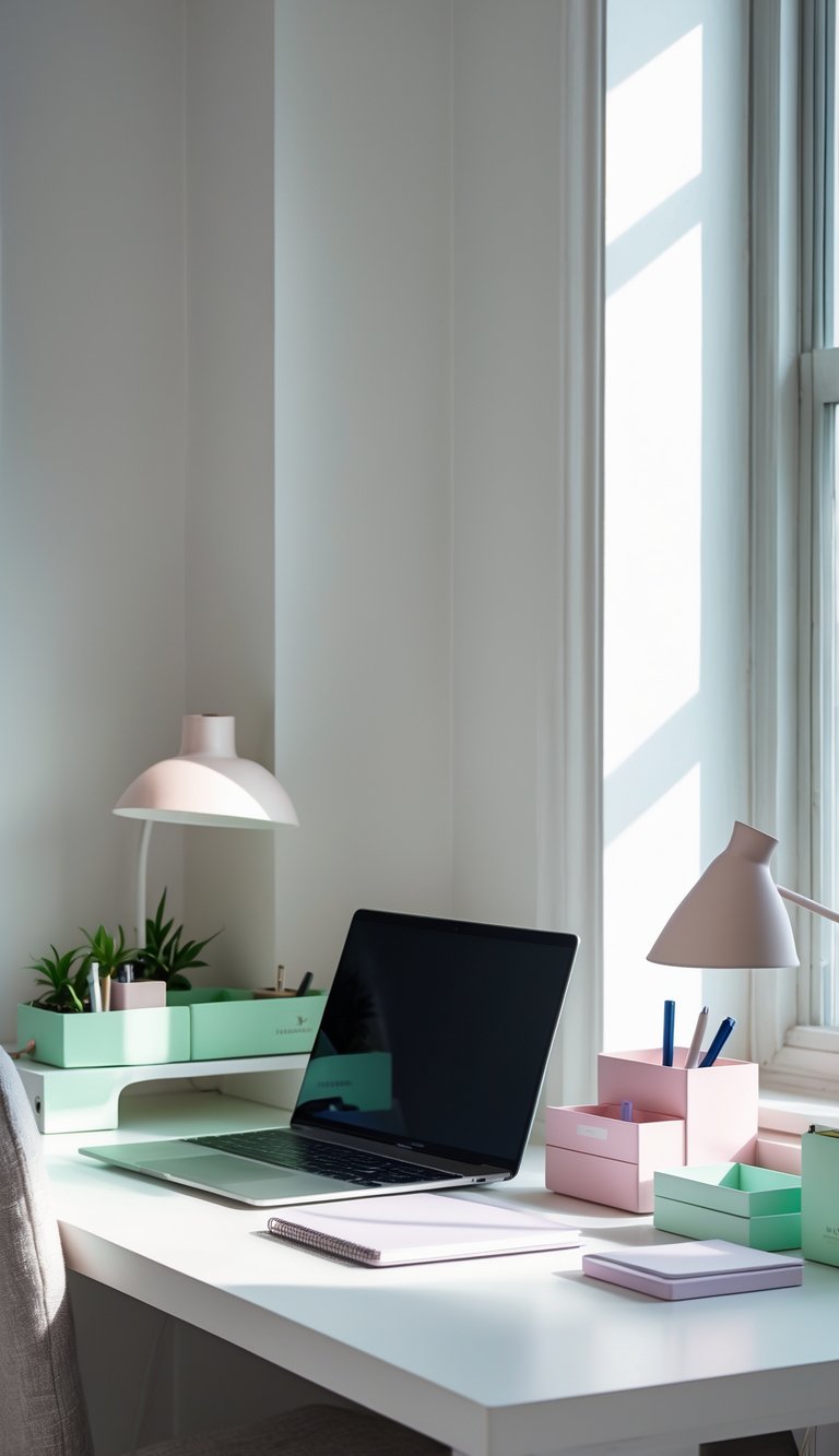 A white desk with pastel-colored organizers, a laptop, a notebook, a desk lamp, and a small potted plant in a tidy home office corner.