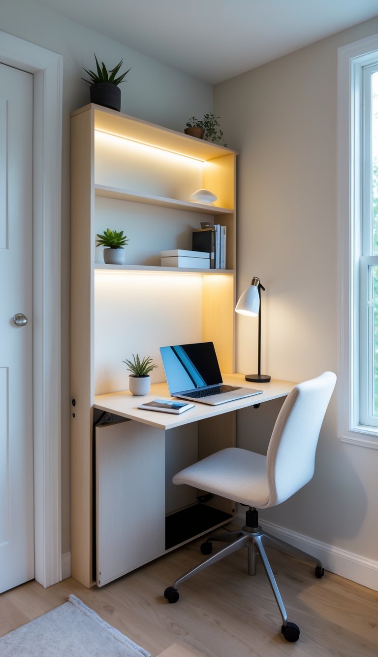 A small home office corner with a fold-down wall desk, laptop, plant, lamp, and chair in a bright, tidy space.