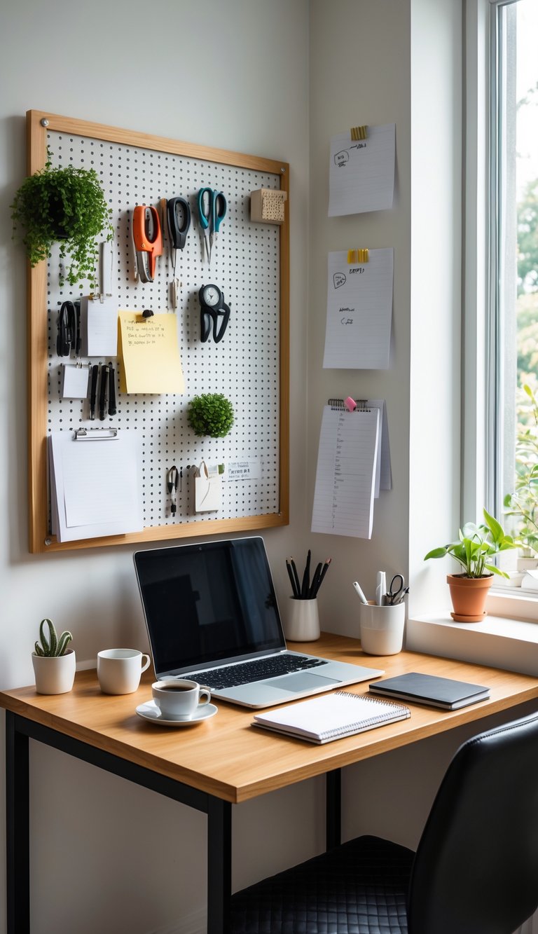 A compact home office corner with a desk, laptop, pegboard holding tools and notes, and small plants.