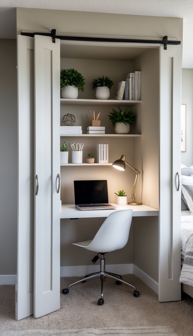 A small home office setup inside a bedroom closet with sliding doors, featuring a desk, laptop, lamp, shelves with books and plants.