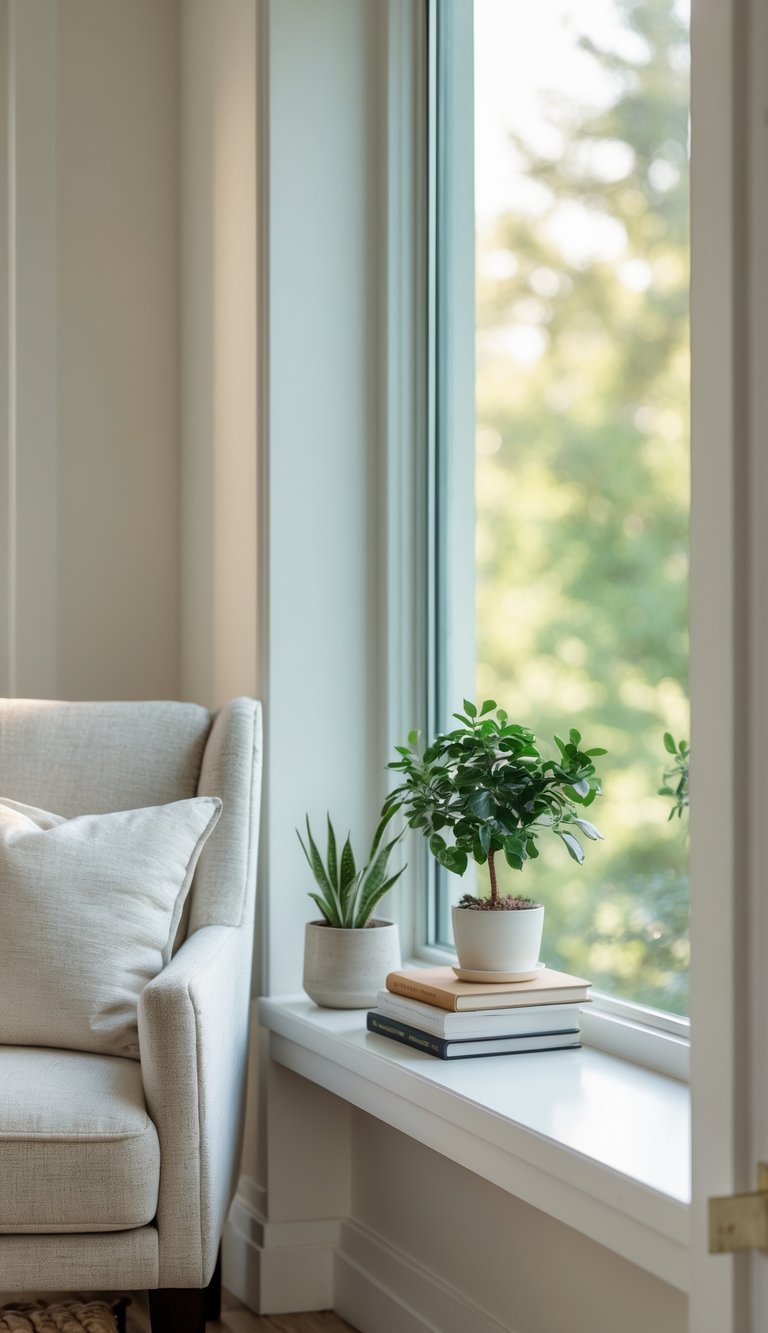 A bright nook by a window with natural light, featuring a comfy chair, a small table with a plant and books.