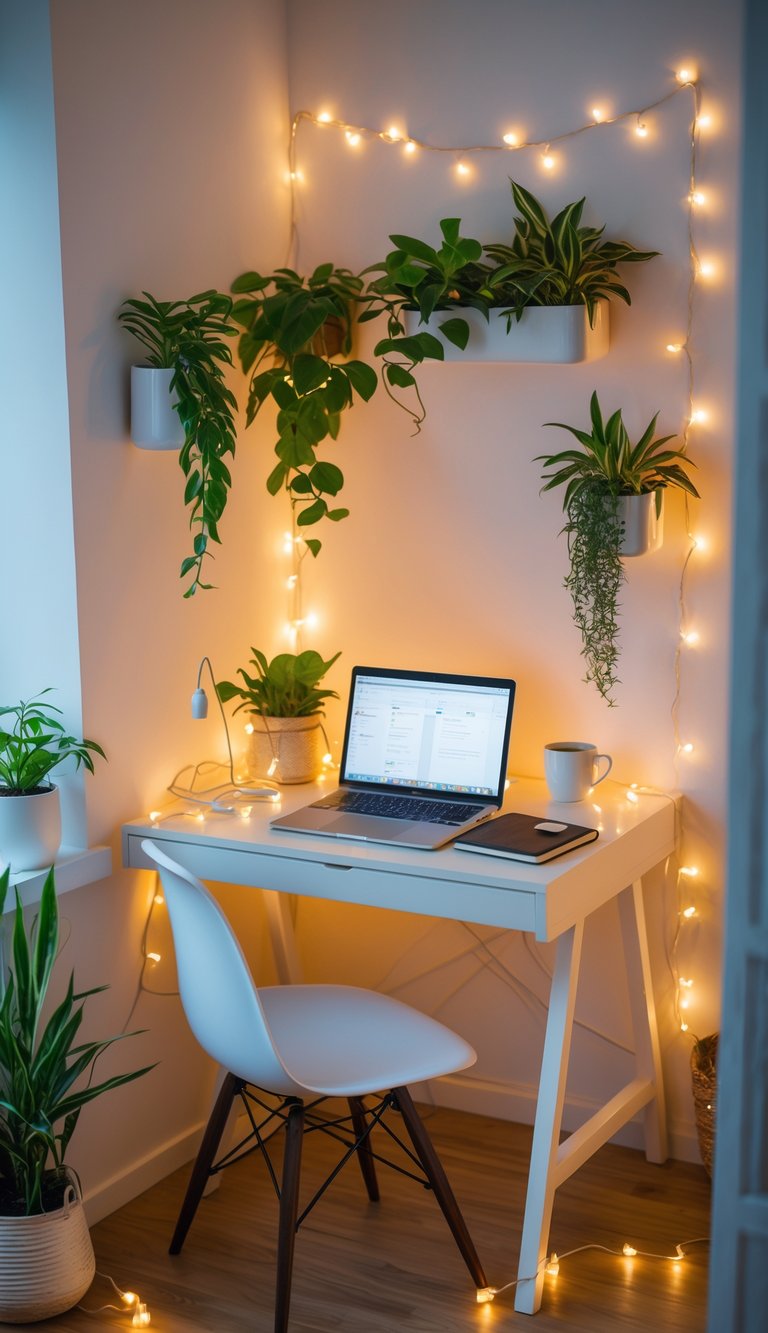 Small desk in a corner with hanging green plants and fairy lights, set up as a cozy and organized home office nook.