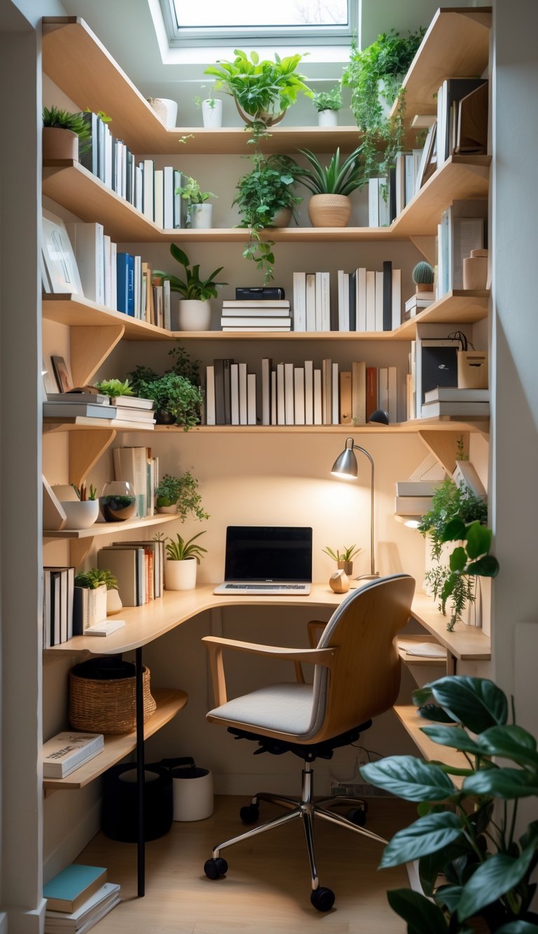 A small home office nook with multi-tiered corner shelves, a wooden desk with a laptop, desk lamp, and plants.
