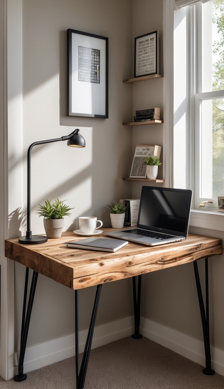 A small office nook with a wooden desk, metal accents, a laptop, a plant, and a cup of coffee near a window.