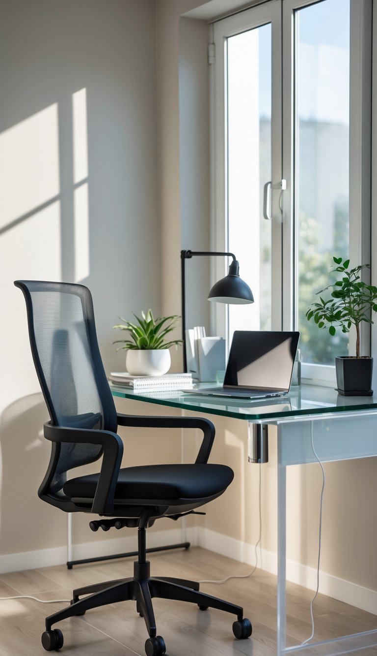 A modern home office corner with a glass top desk and a black chair, featuring a small plant, laptop, and desk lamp in a bright, tidy space.