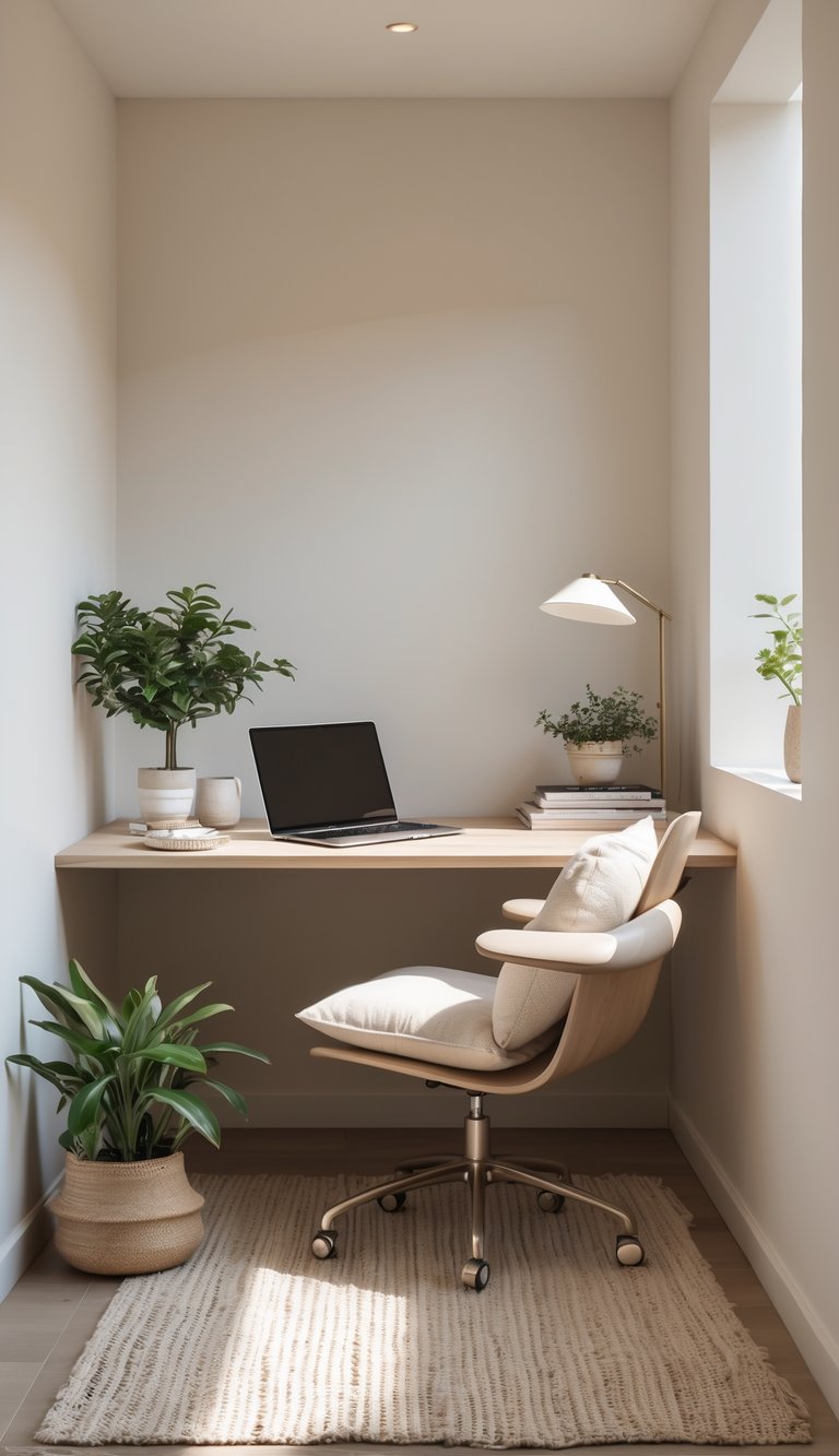 A small home office nook with a desk, chair, laptop, plant, and a rug in a neutral-colored corner.