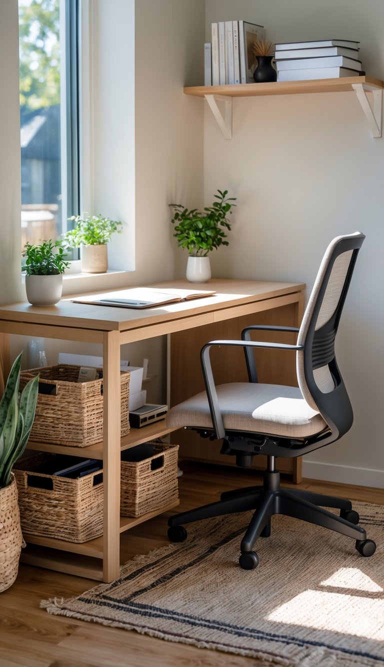 A home office nook in a corner with a wooden desk, ergonomic chair, and woven storage baskets under the desk, lit by natural light from a window.