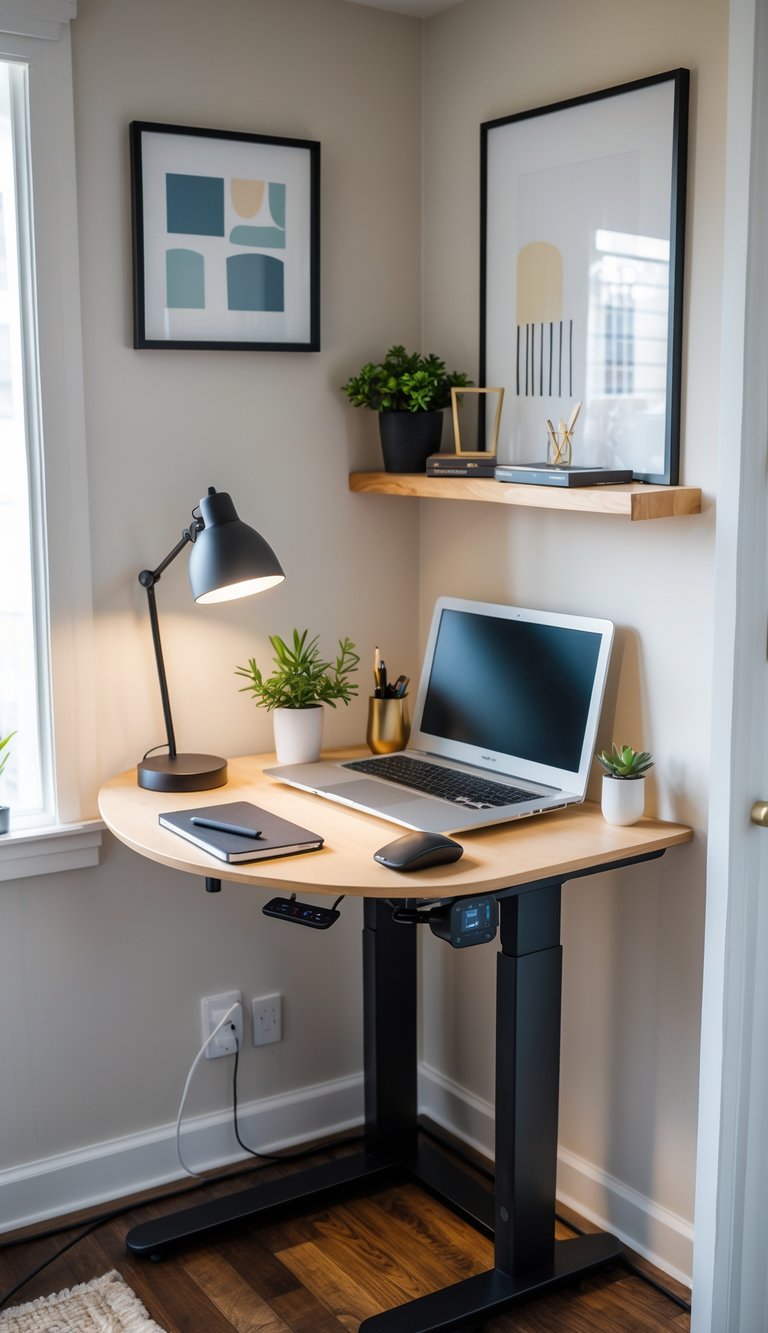 Compact home office nook with a corner standing desk converter, laptop, plant, and organized workspace in a bright room.