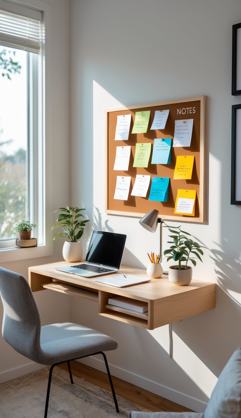 A corner home office nook with a wall-mounted desk and magnetic board covered with notes, featuring a laptop, desk lamp, plant, and ergonomic chair in a tidy, well-lit room.