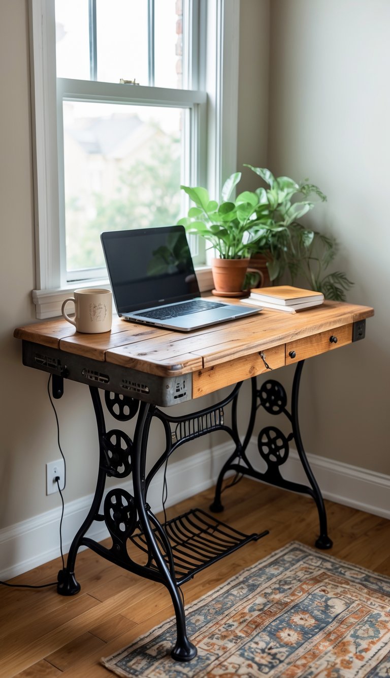 A cozy home office corner with a vintage sewing table used as a desk, featuring a laptop, notebooks, a mug, and a plant, lit by natural light.