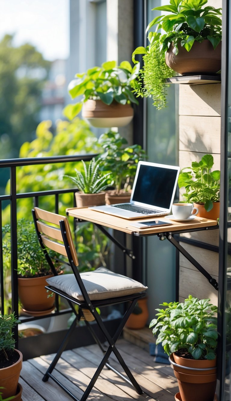 Small balcony nook with a folding desk, chair, and outdoor plants creating a cozy workspace.
