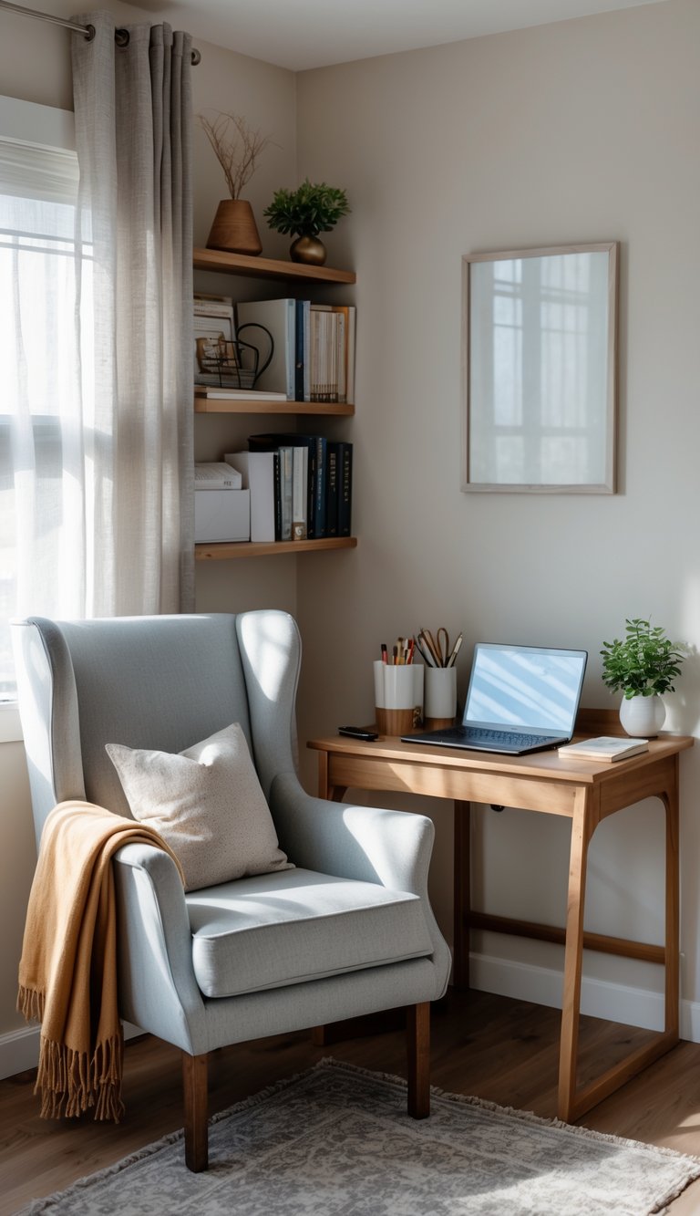 A cozy reading chair next to a small writing desk in a home office corner with books and a plant.