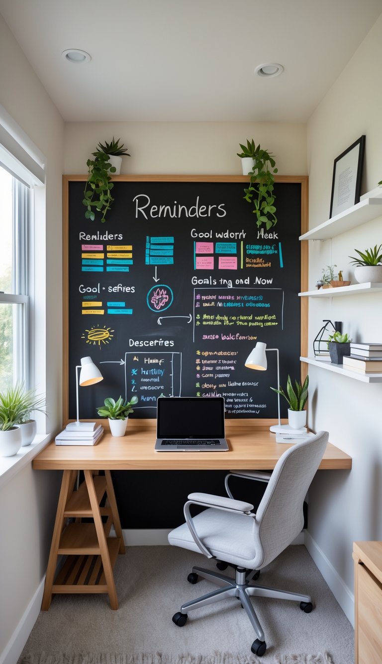 A home office nook with a desk, chair, chalkboard wall with drawings, plants, and office supplies.