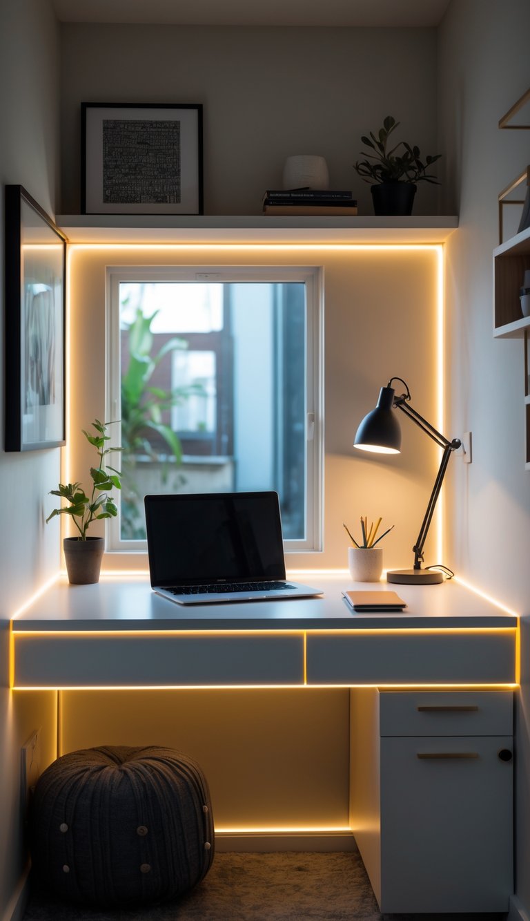 A home office nook with a desk featuring built-in LED strip lighting, a laptop, a desk lamp, a plant, and shelves with books and decor.