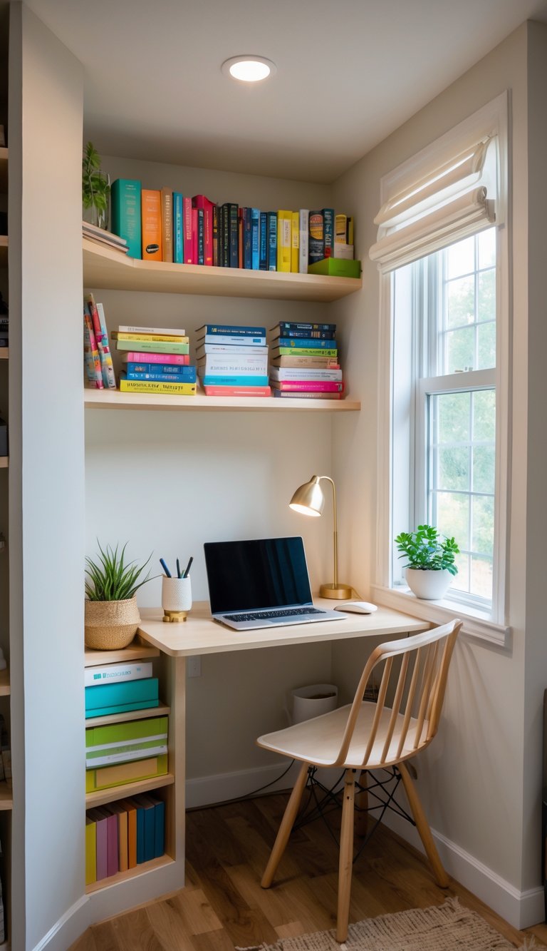Compact workspace inside a bookcase niche with a desk, laptop, lamp, bookshelves, and plants.