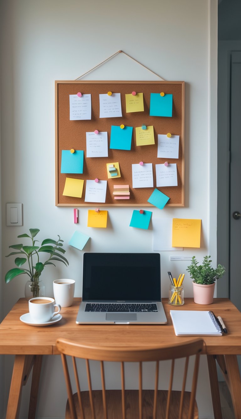 A home office nook with a wooden desk and a colorful geometric corkboard on the wall, featuring a laptop, notebook, coffee cup, and a small plant.