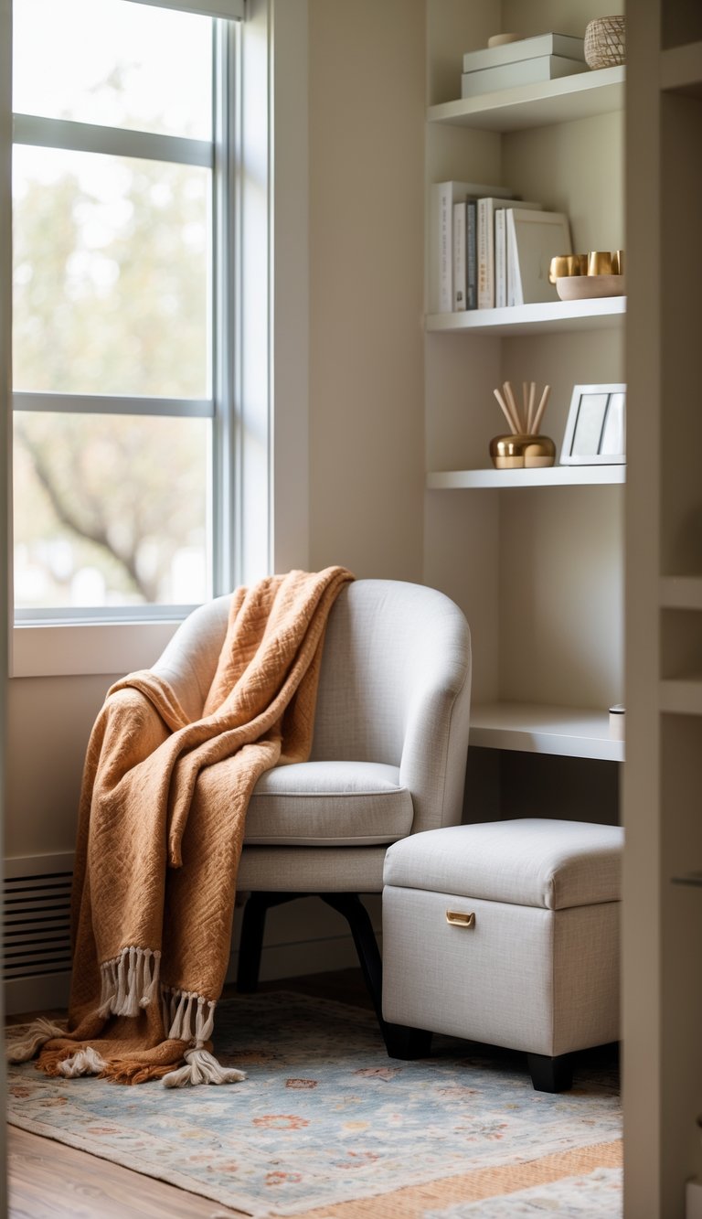 A cozy office nook with a chair covered by a throw blanket and a storage ottoman, lit by natural light near a window.