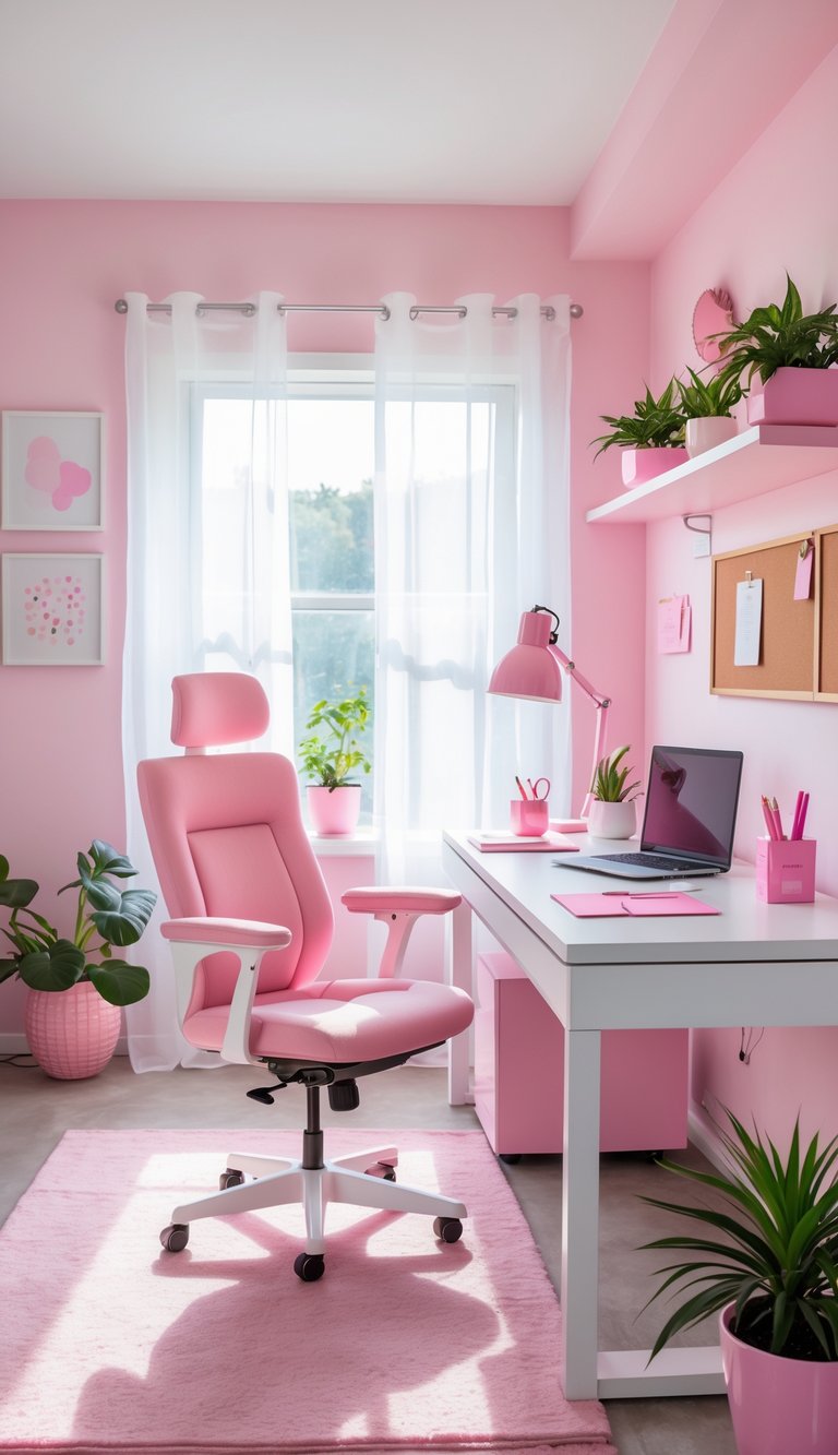 A home office with a white desk and pink accessories, including a chair, lamp, and decor, with natural light coming through a window.