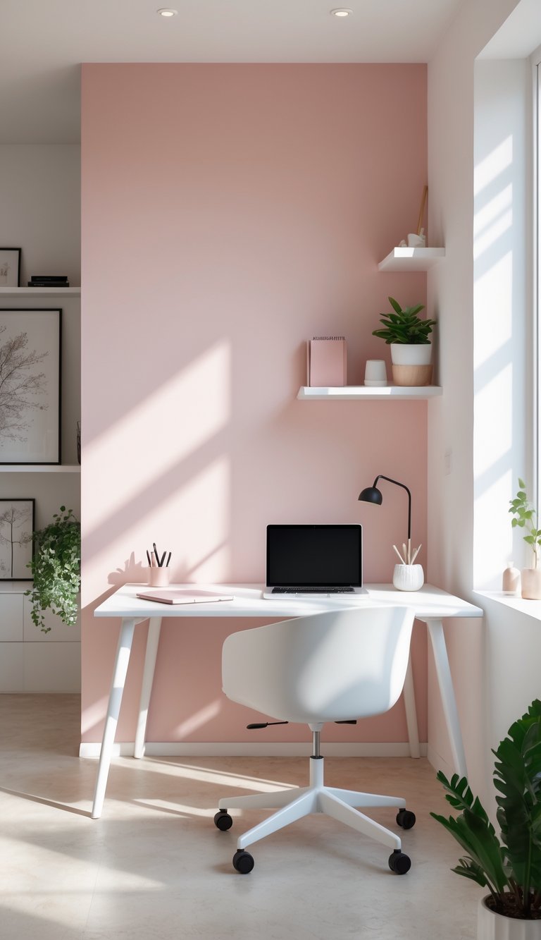 A home office with a blush pink accent wall, white desk, laptop, chair, and plants near a window.