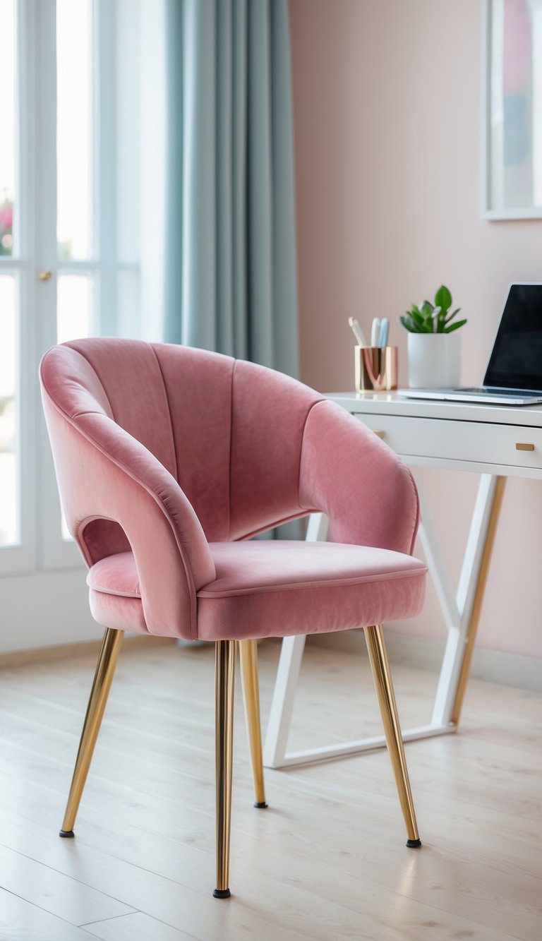 A rose pink velvet desk chair next to a white desk in a bright home office with natural light and minimal decor.