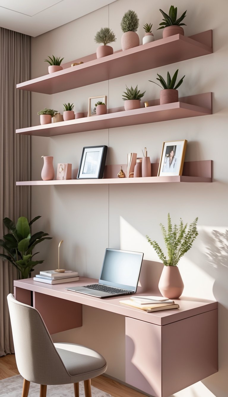A home office with dusty pink floating shelves displaying decor items above a desk with a laptop and chair.
