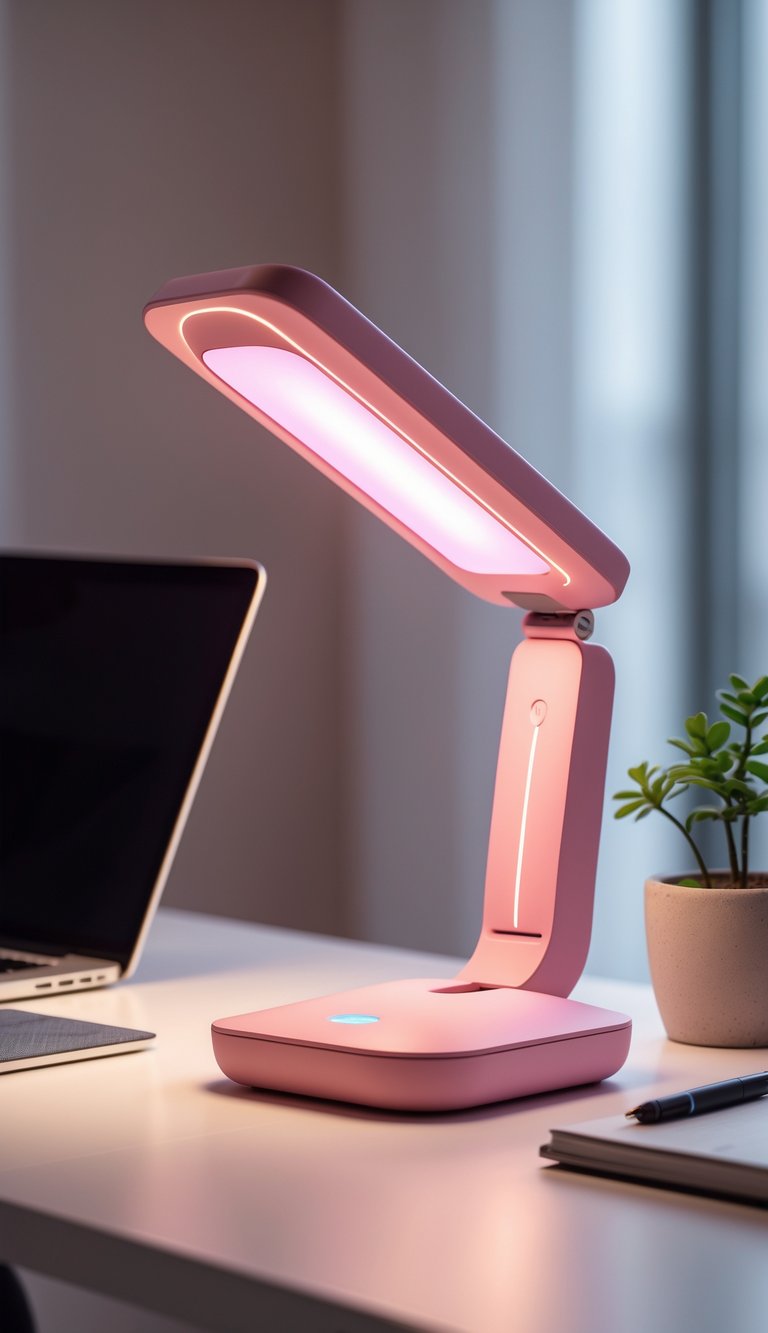 A warm pink LED desk lamp illuminating a tidy home office desk with a laptop, notebook, pen, and small plant.