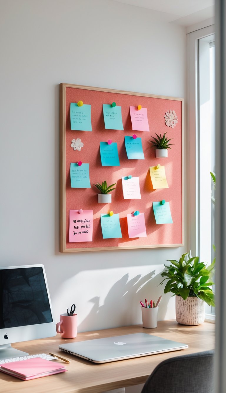 A home office with a coral pink corkboard on the wall above a wooden desk with a laptop, plant, and stationery.