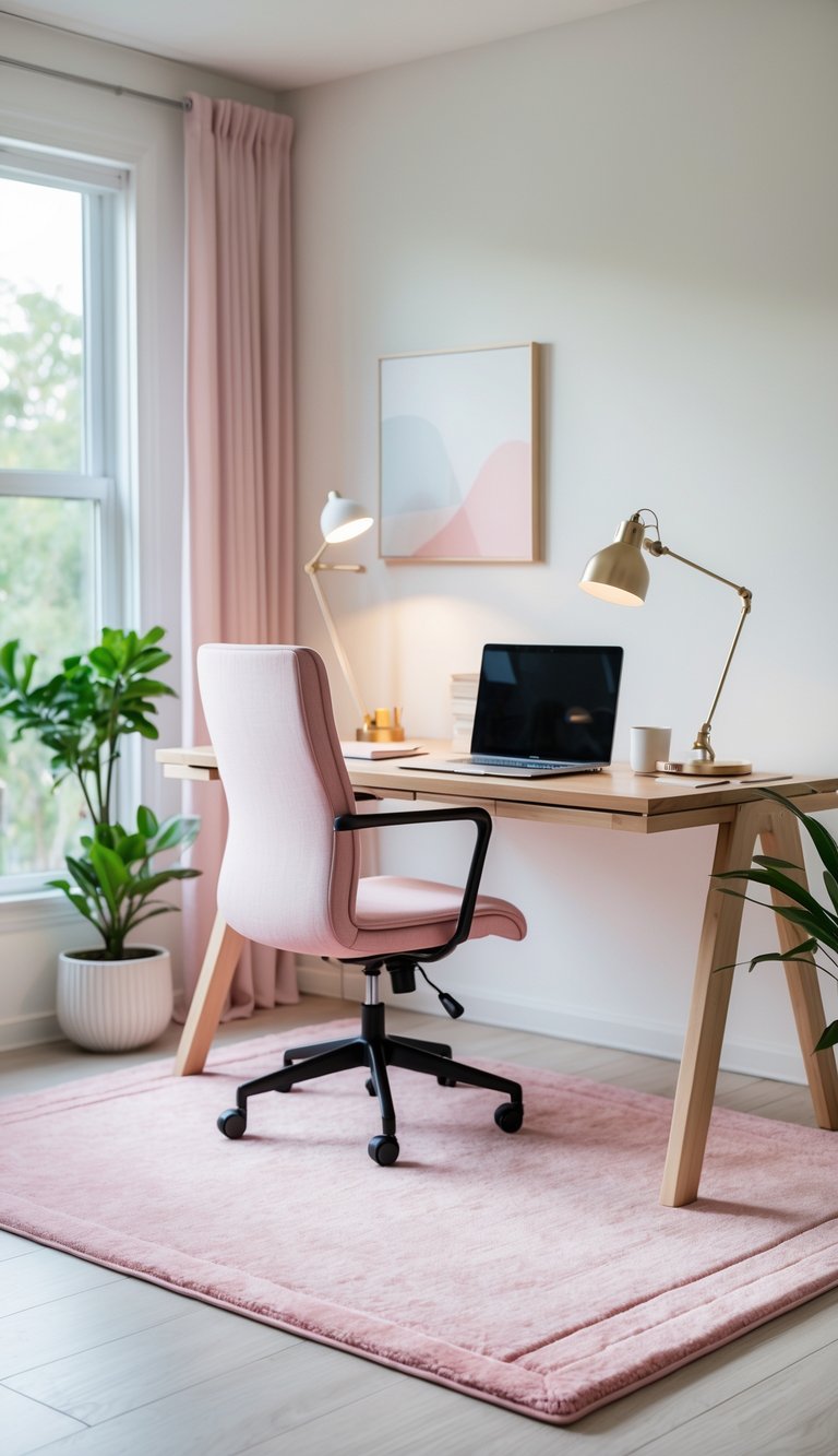 A home office with a wooden desk, a soft pastel pink rug underneath, a laptop, a desk lamp, a chair, and a potted plant.