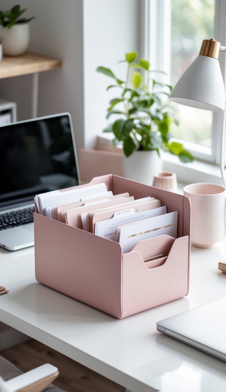 A blush pink file organizer holding documents on a tidy home office desk with a laptop, coffee mug, plant, and desk lamp.