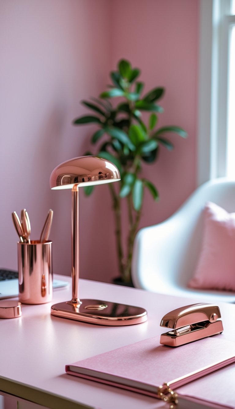 A home office desk with rose gold accessories and pink decor items arranged neatly.