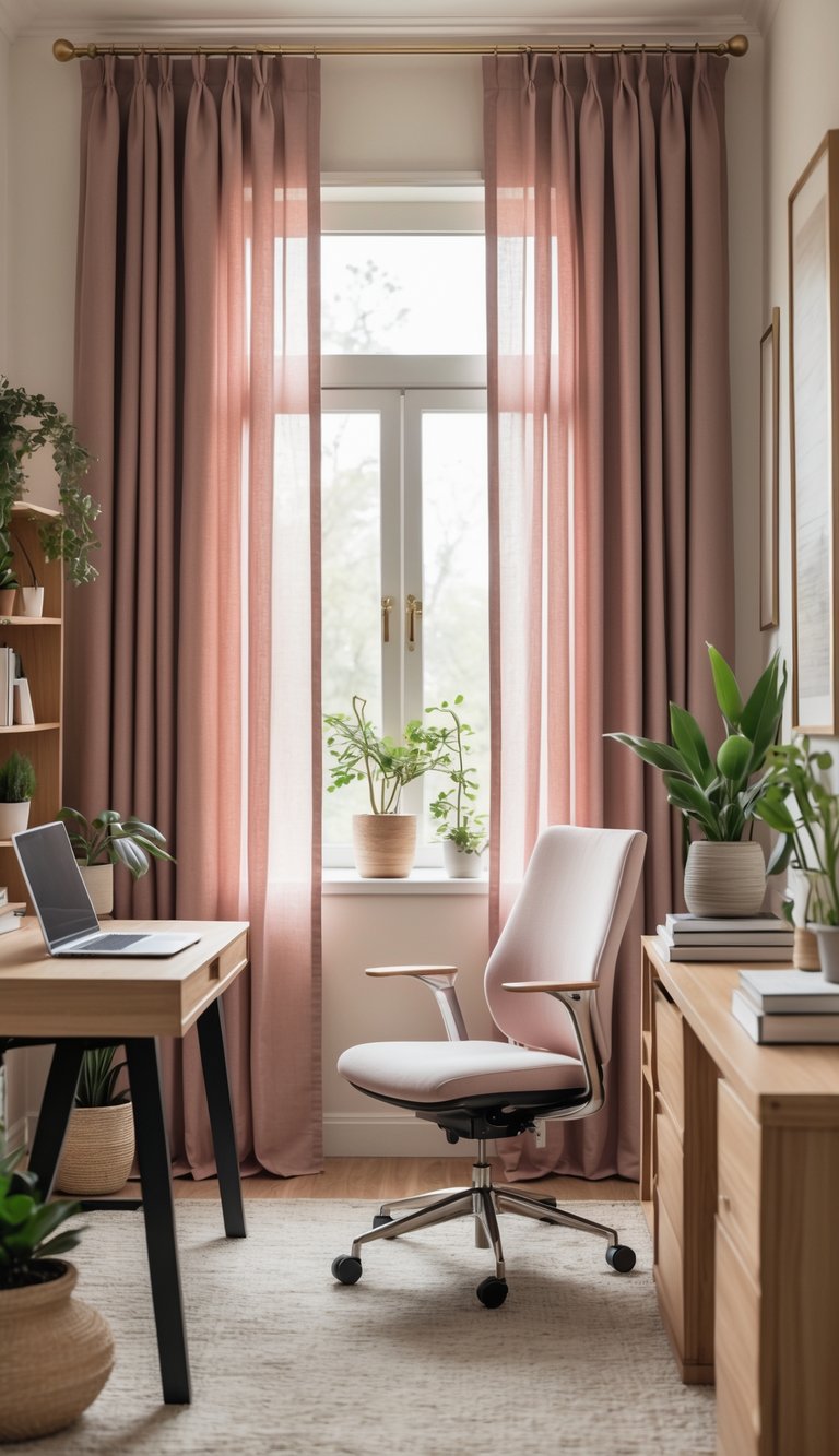 A home office with dusty rose curtains, a wooden desk with a laptop, a chair, plants, and bookshelves creating a cozy workspace.
