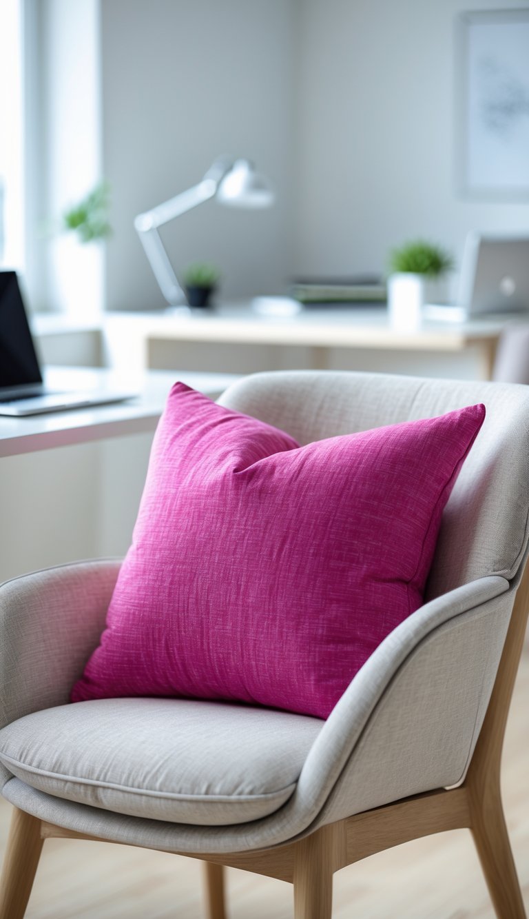 A fuchsia pink throw pillow on a neutral-colored chair in a bright home office setting.