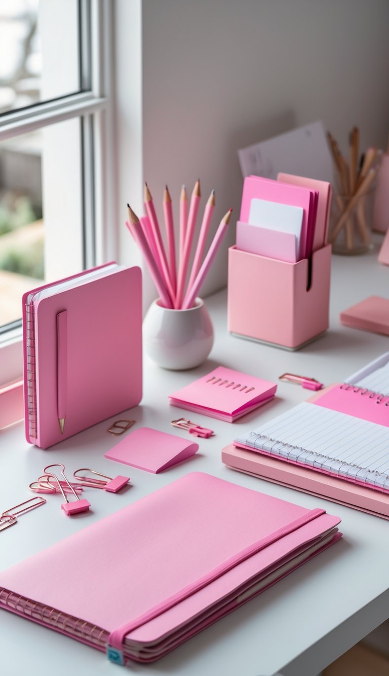 A neatly arranged pink stationery set on a clean desk in a home office.