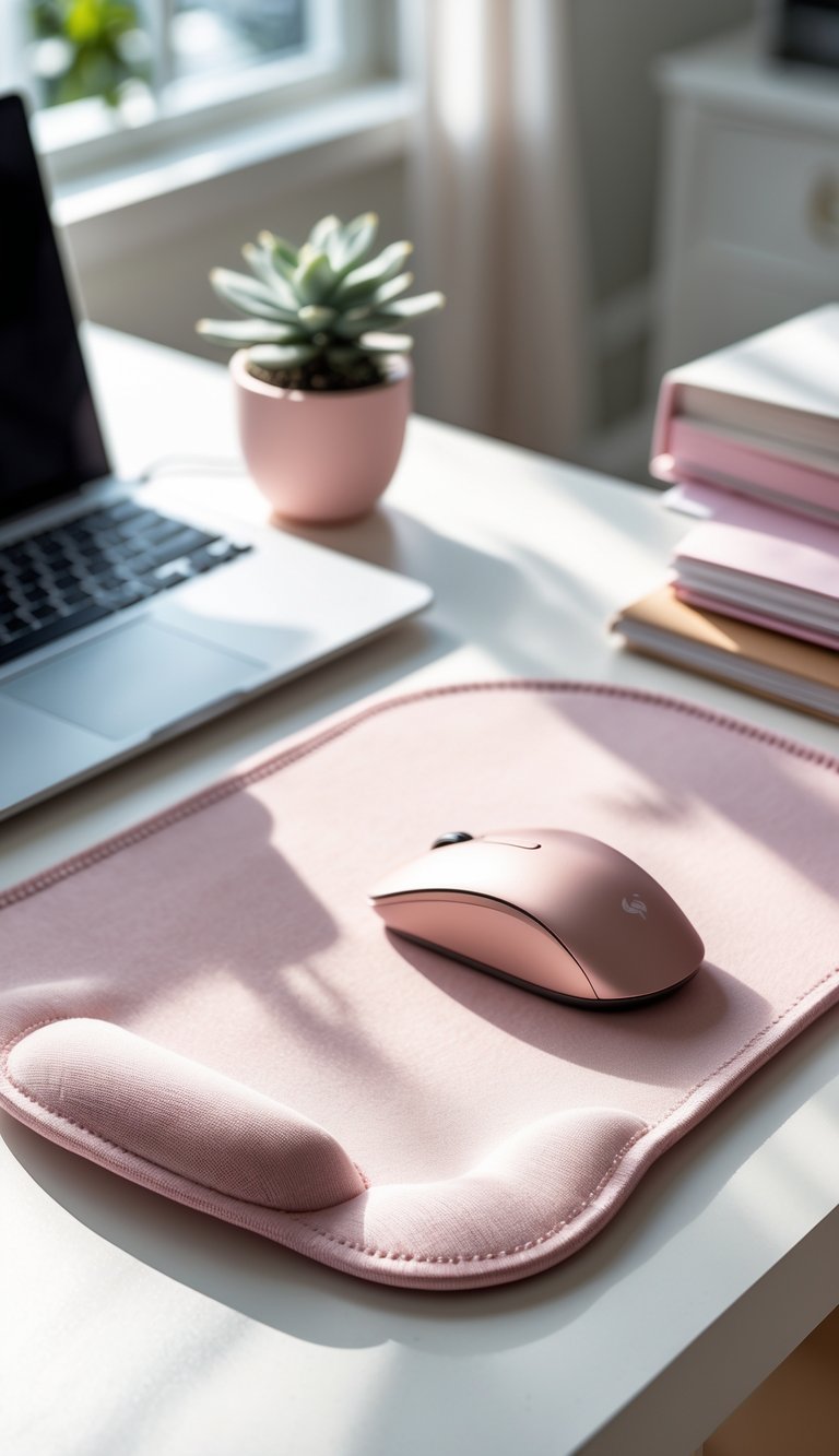 A blush pink mouse pad with wrist support on a home office desk with a wireless mouse, laptop, notebooks, and a small plant.
