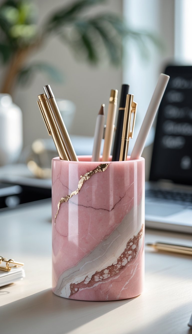 A pink marble pen holder with pens on a clean office desk in a home workspace.